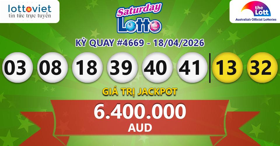 Cập nhật kết quả xổ số Úc Saturday Lotto hôm nay ngày 18/04/2026