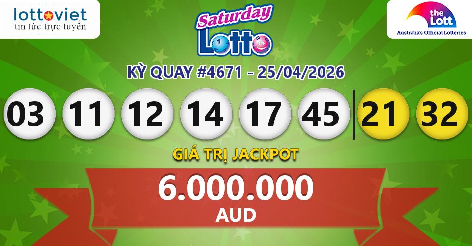 Cập nhật kết quả xổ số Úc Saturday Lotto hôm nay ngày 25/04/2026
